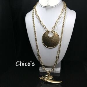 Chico's Two Pendant Necklace Set, Gold Tone Pendant, Faux Horn, NWT,  16 & 28 In